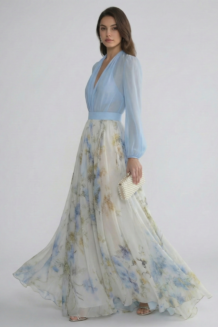 Damen Maxikleid mit V-Ausschnitt und transparenten Ärmeln | Fließendes Langarmkleid mit Taillenbund und Allover-Print