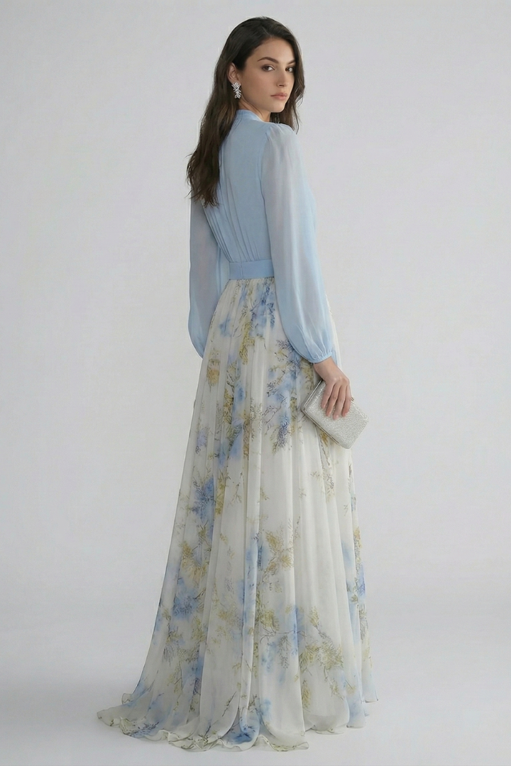Damen Maxikleid mit V-Ausschnitt und transparenten Ärmeln | Fließendes Langarmkleid mit Taillenbund und Allover-Print