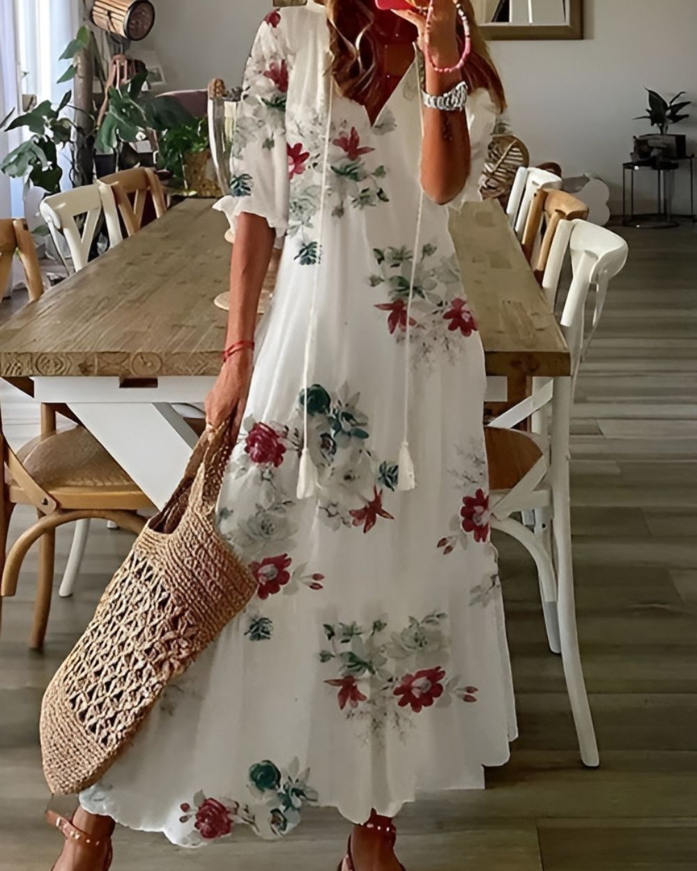 Boho-Maxikleid mit Quasten-Bindeband
