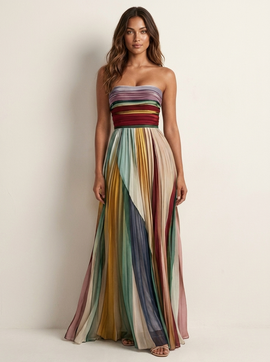 Plissee Maxikleid für Damen | Trägerloses Sommerkleid | Leichtes Bandeau Kleid | Plissiertes Kleid für den Sommerurlaub