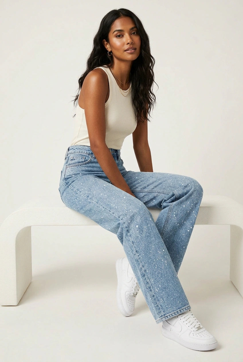 High Waist Jeans für Damen mit geradem Bein und dezenten Glitzer-Details – Straight Leg Denim mit Vintage-Waschung