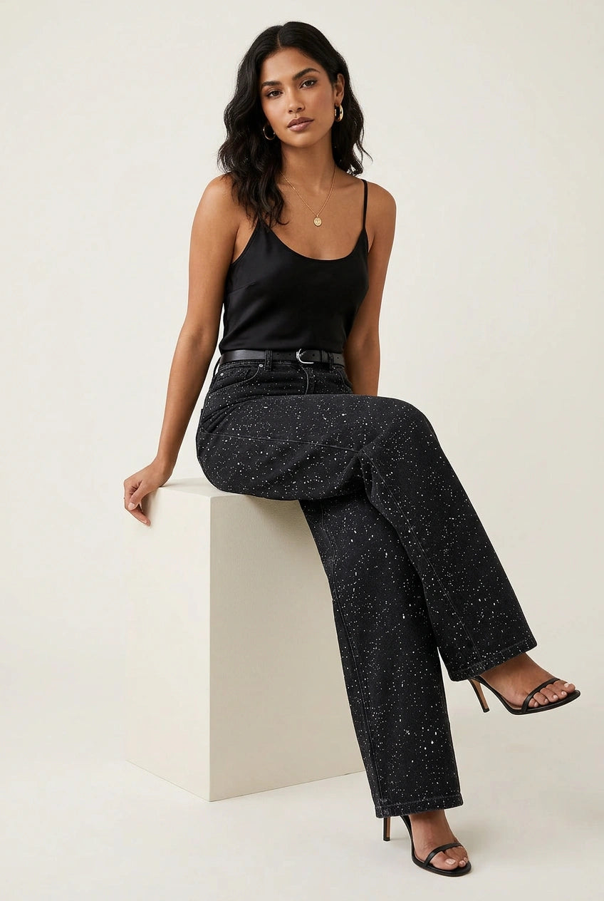 High Waist Jeans für Damen mit geradem Bein und dezenten Glitzer-Details – Straight Leg Denim mit Vintage-Waschung