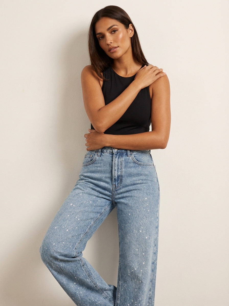 High Waist Jeans für Damen mit geradem Bein und dezenten Glitzer-Details – Straight Leg Denim mit Vintage-Waschung