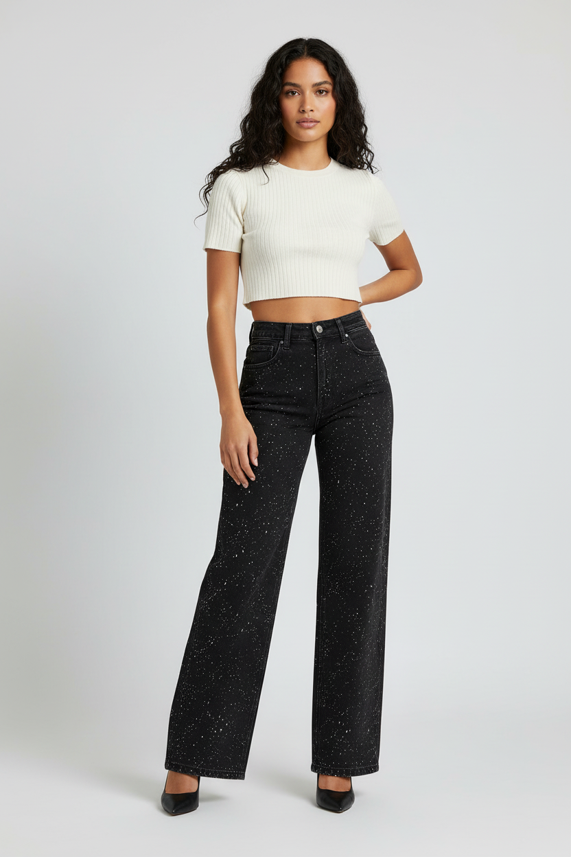 High Waist Jeans for Women with Straight Leg and Subtle Glitter Details – Straight Leg Denim with Vintage Wash