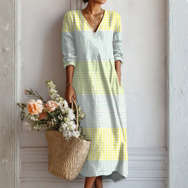 Damen Leinenkleid mit abstraktem Geometrie-Print | Leichtes Vintage Sommerkleid mit praktischen Taschen | Luftiges Freizeitkleid