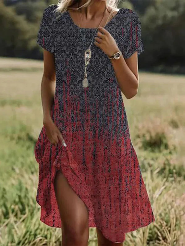 Damen Midi-Kleid mit Blumenmuster | Lockeres Kurzarm Sommerkleid für den Alltag | Bequemes Freizeitkleid mit Rundhals