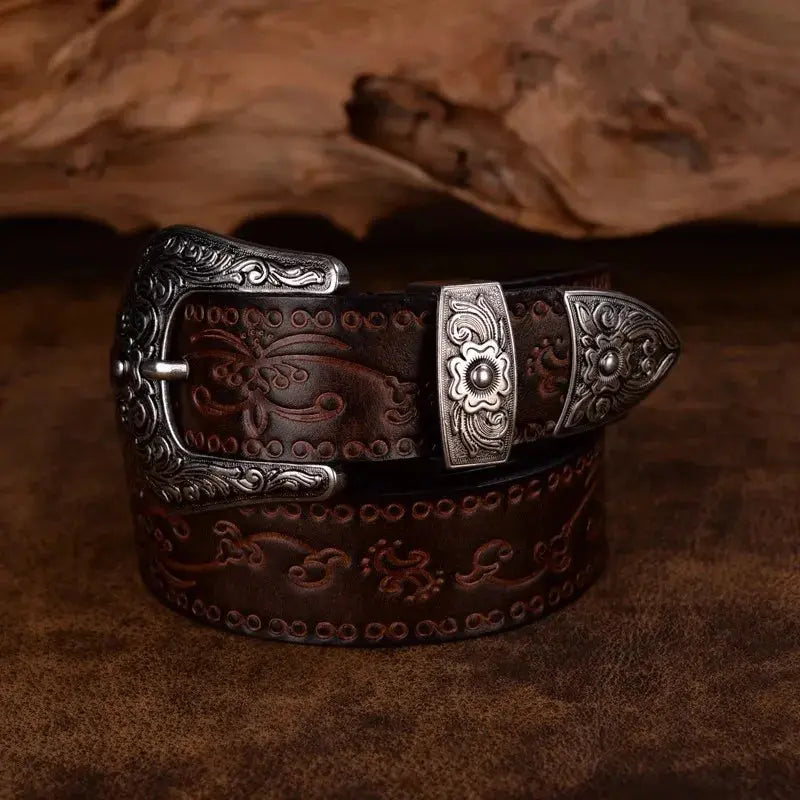 Men's leather belt in Western style made of full leather with decorated buckle - Durable cowboy belt for jeans and casual wear