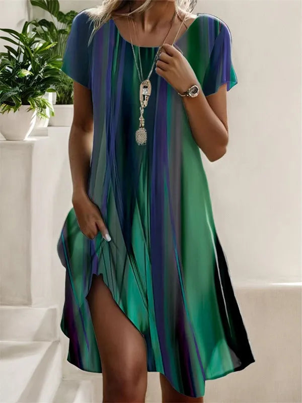 Damen Midi-Kleid mit Blumenmuster | Lockeres Kurzarm Sommerkleid für den Alltag | Bequemes Freizeitkleid mit Rundhals