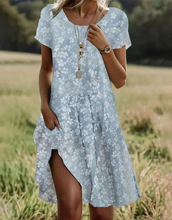 Damen Midi-Kleid mit Blumenmuster | Lockeres Kurzarm Sommerkleid für den Alltag | Bequemes Freizeitkleid mit Rundhals