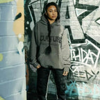 grauer hoodie mit strassschriftzug for the culture