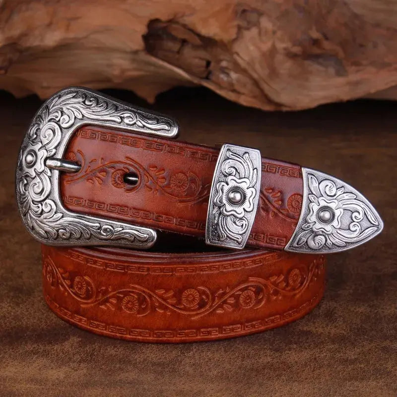 Men's leather belt in Western style made of full leather with decorated buckle - Durable cowboy belt for jeans and casual wear