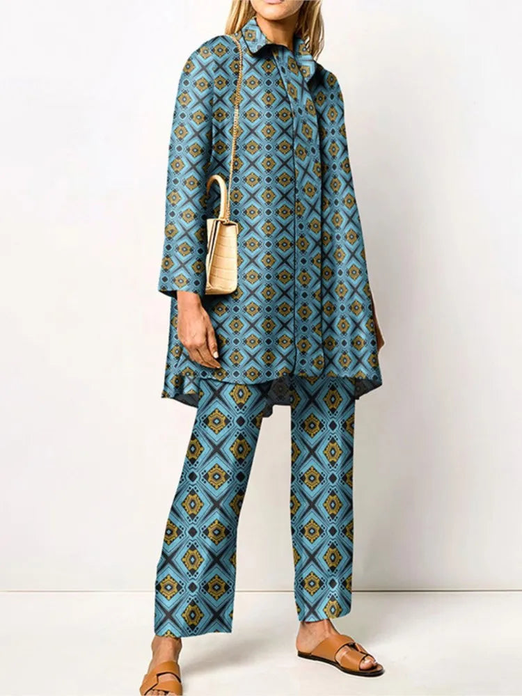 Women's Two-Piece Vintage Print Pantsuit Set | Elegant Blouse and Pants with Elastic Waist for Casual and Special Occasions