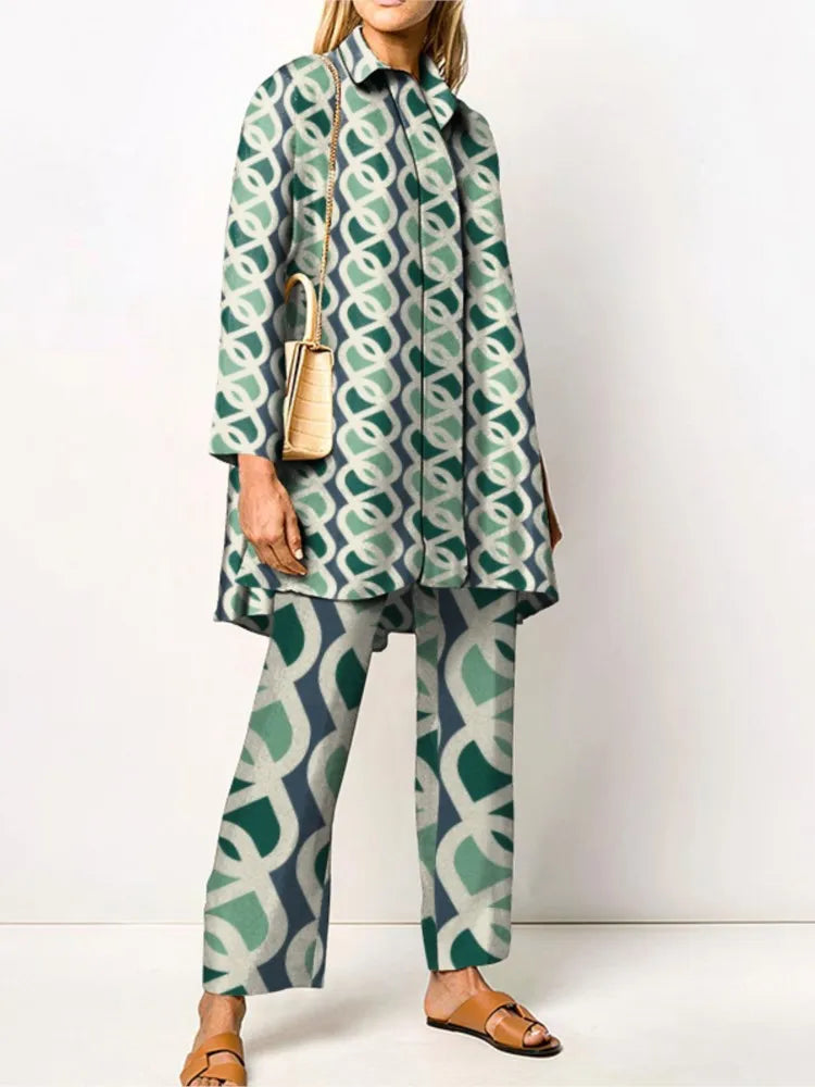 Women's Two-Piece Vintage Print Pantsuit Set | Elegant Blouse and Pants with Elastic Waist for Casual and Special Occasions