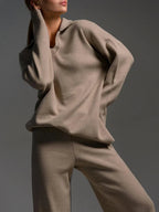 creme lounge set damen mit kragentop und weiter hose