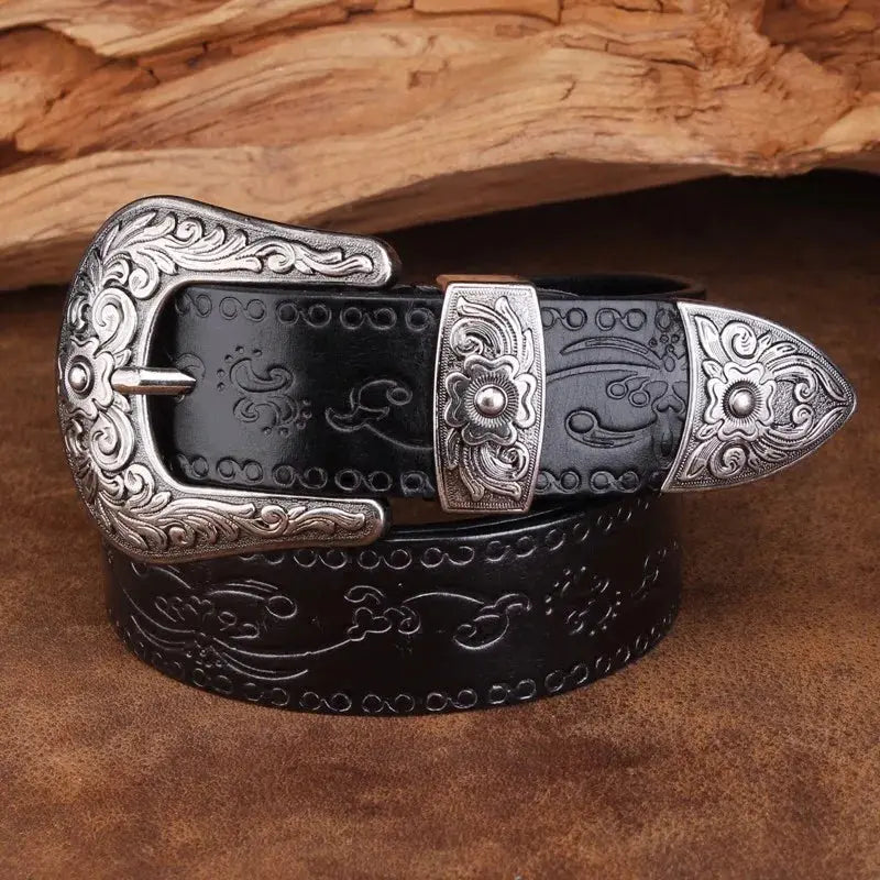 Men's leather belt in Western style made of full leather with decorated buckle - Durable cowboy belt for jeans and casual wear