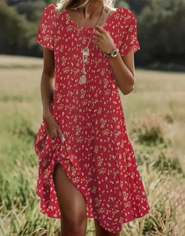 Damen Midi-Kleid mit Blumenmuster | Lockeres Kurzarm Sommerkleid für den Alltag | Bequemes Freizeitkleid mit Rundhals