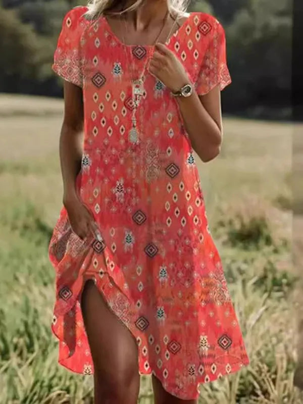 Damen Midi-Kleid mit Blumenmuster | Lockeres Kurzarm Sommerkleid für den Alltag | Bequemes Freizeitkleid mit Rundhals