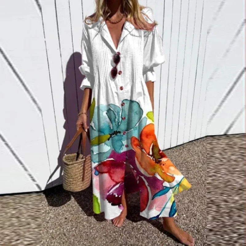 Women's maxi dress with floral pattern and V-neckline