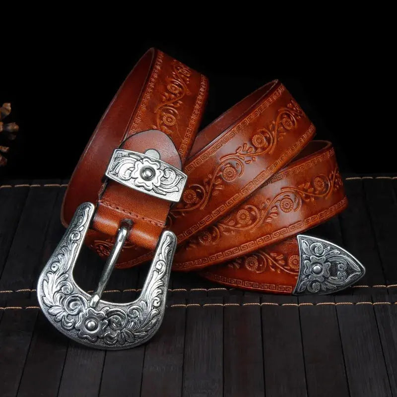 Men's leather belt in Western style made of full leather with decorated buckle - Durable cowboy belt for jeans and casual wear