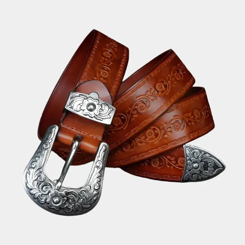 Men's leather belt in Western style made of full leather with decorated buckle - Durable cowboy belt for jeans and casual wear