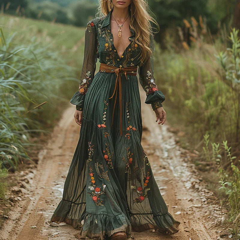 Bohemian Maxi Dress for Women | Embroidered V-Neck