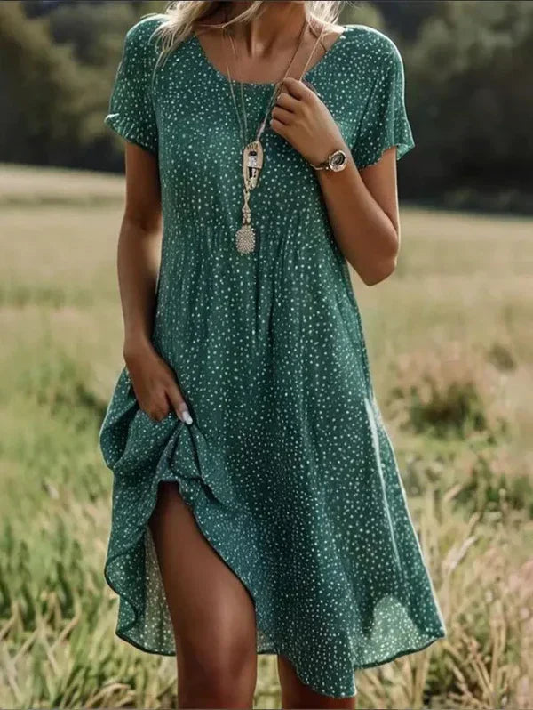 Damen Midi-Kleid mit Blumenmuster | Lockeres Kurzarm Sommerkleid für den Alltag | Bequemes Freizeitkleid mit Rundhals