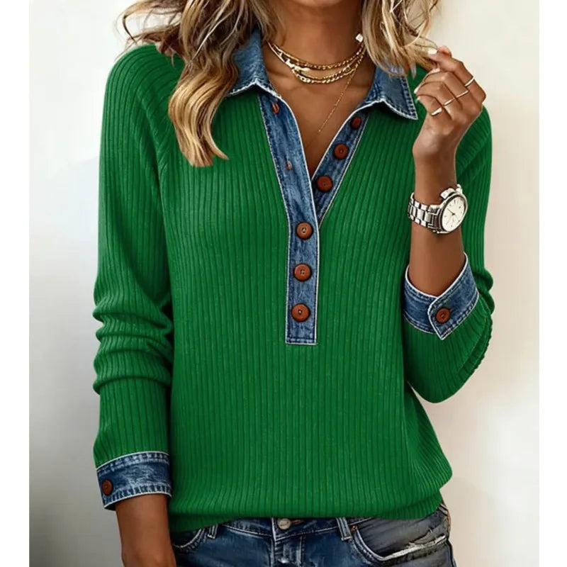 Knitted Sweater for Women with Denim Patchwork and Collar
