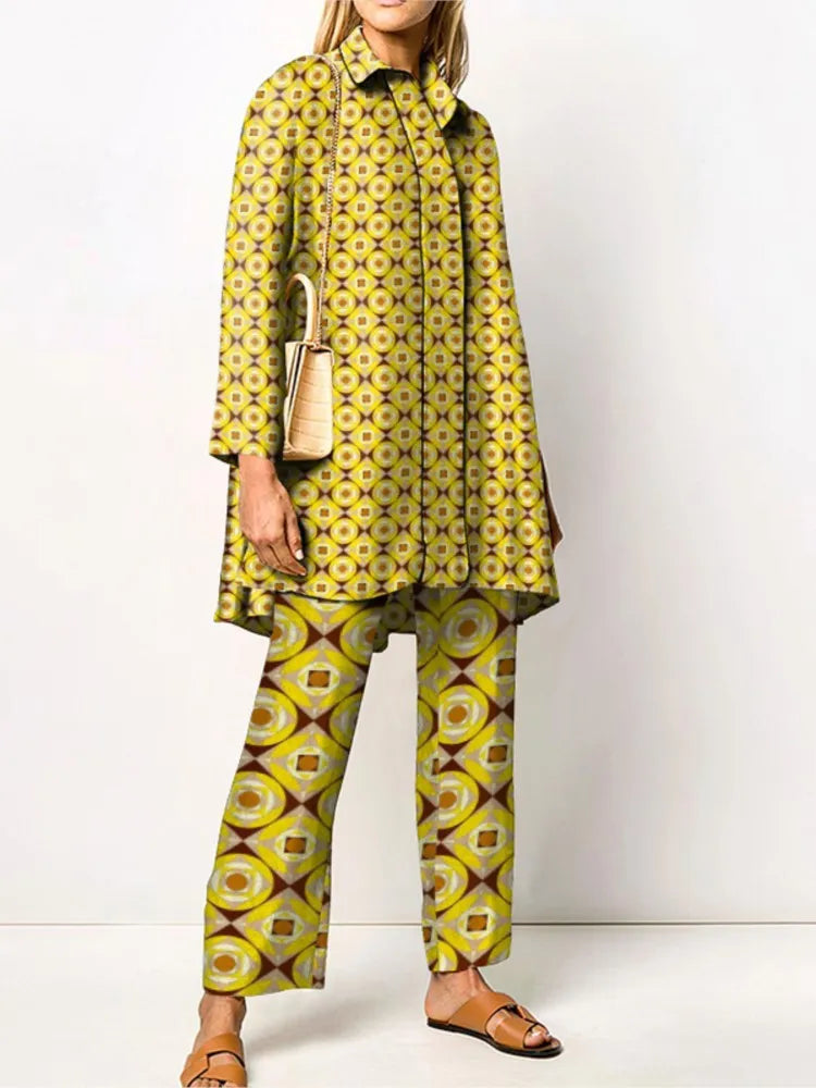 Women's Two-Piece Vintage Print Pantsuit Set | Elegant Blouse and Pants with Elastic Waist for Casual and Special Occasions