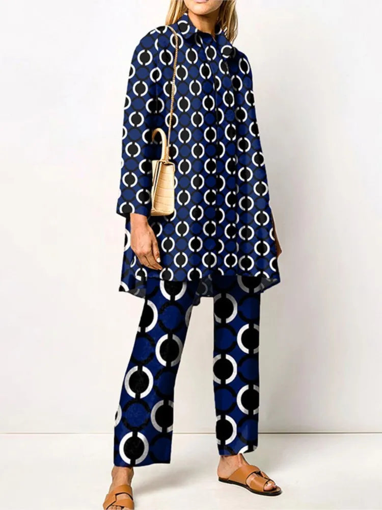 Women's Two-Piece Vintage Print Pantsuit Set | Elegant Blouse and Pants with Elastic Waist for Casual and Special Occasions