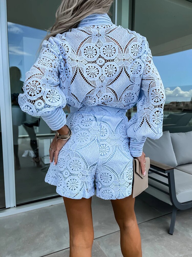 Women's Lace Set Two-Piece | Elegant Long-Sleeve Blouse & High-Waist Shorts | Airy Boho Co-ord Set for Summer & Vacation