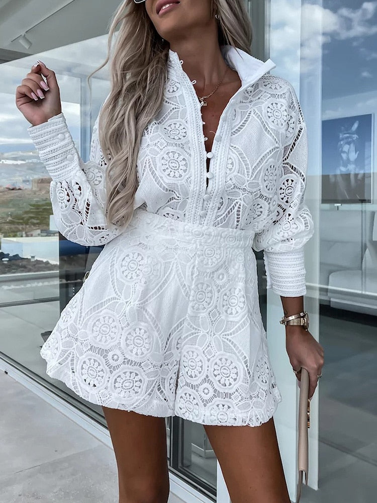 Women's Lace Set Two-Piece | Elegant Long-Sleeve Blouse & High-Waist Shorts | Airy Boho Co-ord Set for Summer & Vacation