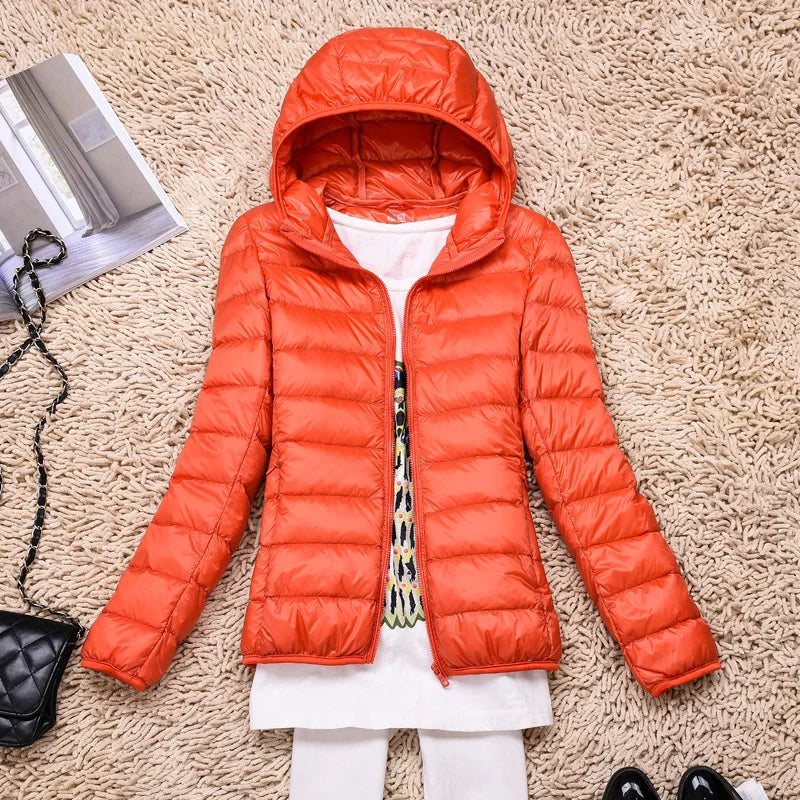NOUVEAU RICHE Damen Daunenjacke Federleichte Mit Kapuze Taupe Faltbares Orangefarbene Kapuze
