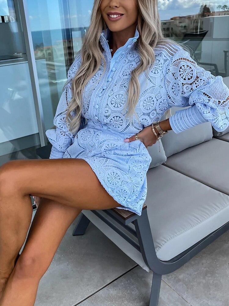 Women's Lace Set Two-Piece | Elegant Long-Sleeve Blouse & High-Waist Shorts | Airy Boho Co-ord Set for Summer & Vacation
