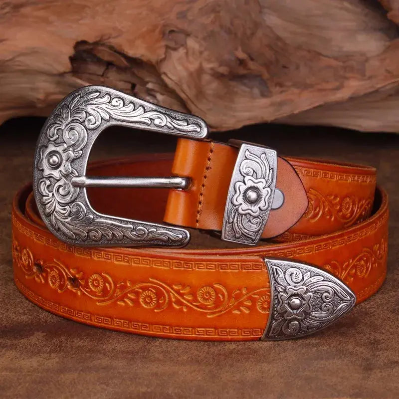 Men's leather belt in Western style made of full leather with decorated buckle - Durable cowboy belt for jeans and casual wear