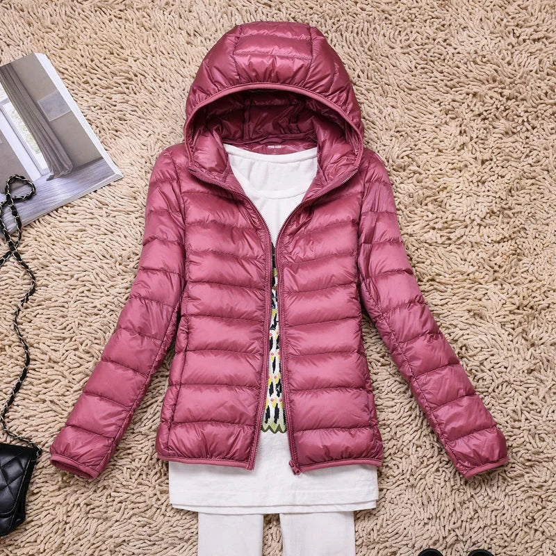 NOUVEAU RICHE Damen Daunenjacke Federleichte Mit Kapuze Taupe Faltbares Rosa Kapuze