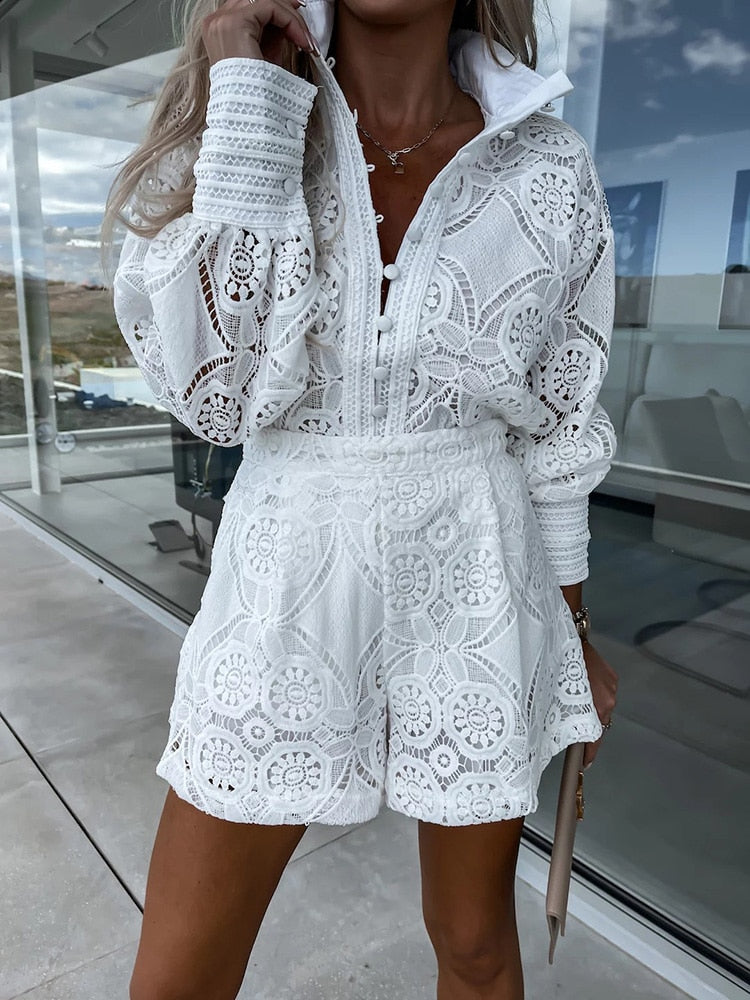 Women's Lace Set Two-Piece | Elegant Long-Sleeve Blouse & High-Waist Shorts | Airy Boho Co-ord Set for Summer & Vacation