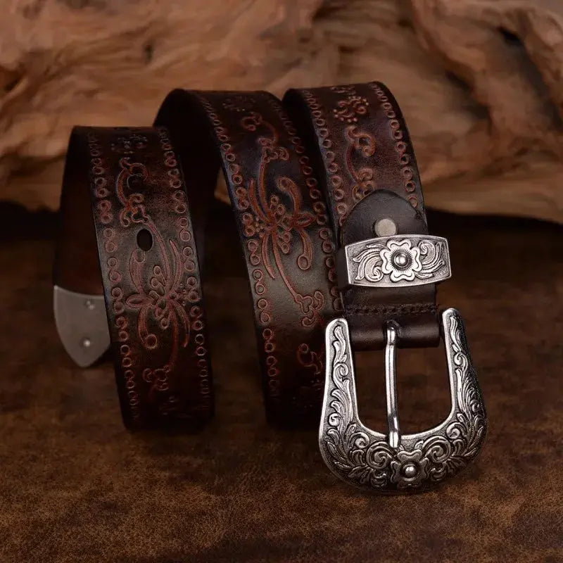 Men's leather belt in Western style made of full leather with decorated buckle - Durable cowboy belt for jeans and casual wear