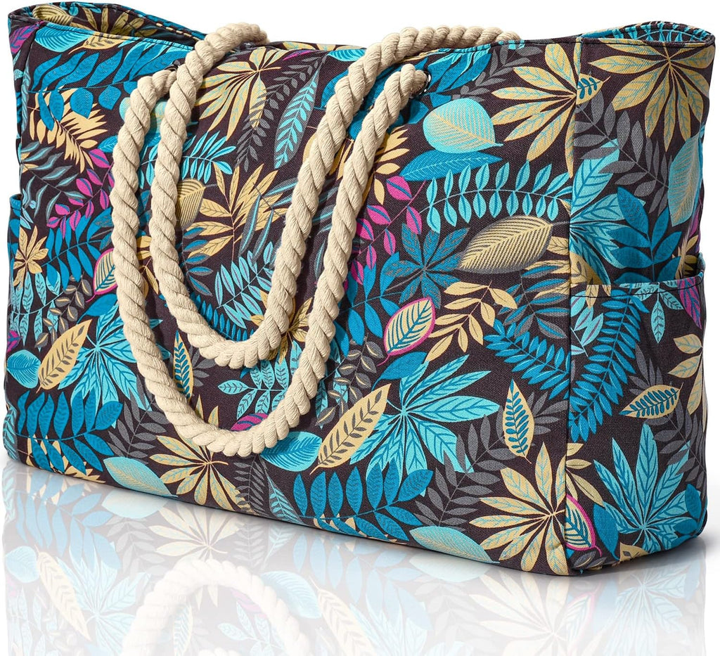 NOUVEAU RICHE Wasserdichte Extragroße Strandtasche Mit Taschen Für Wochenendtrips Blätter
