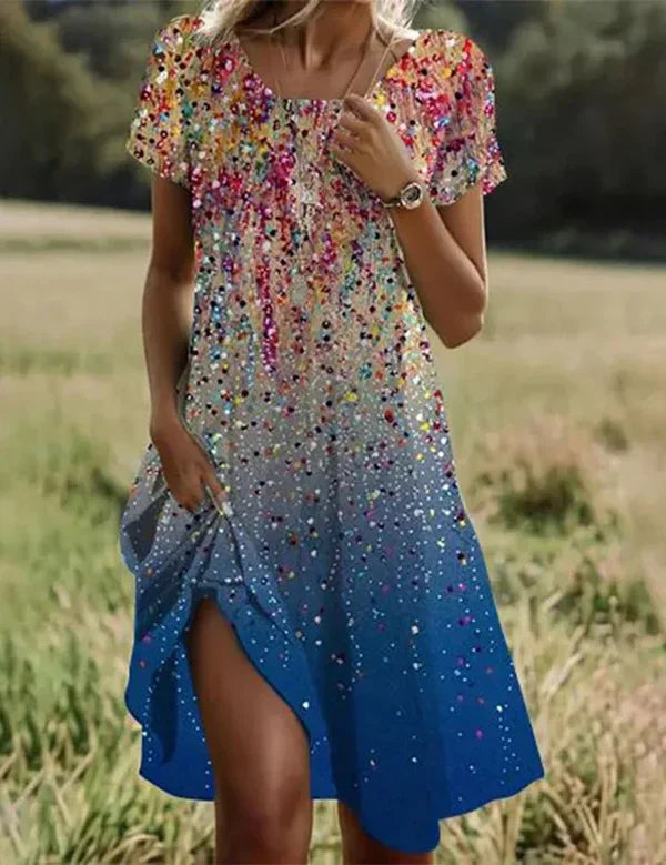 Damen Midi-Kleid mit Blumenmuster | Lockeres Kurzarm Sommerkleid für den Alltag | Bequemes Freizeitkleid mit Rundhals
