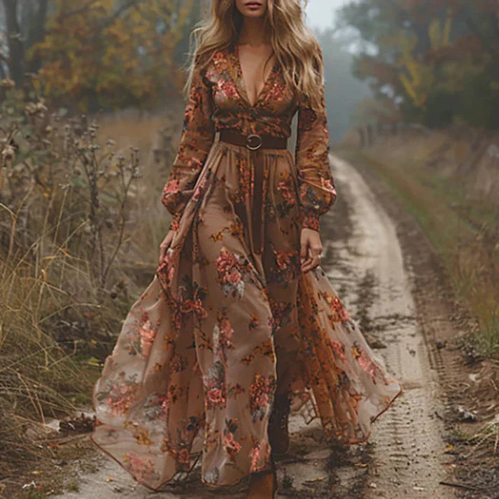 Women's Maxi Dress with Floral Pattern and V-Neck | Long Sleeve Dress with Belt and Embroidery | Flowing Dress with Ruffle