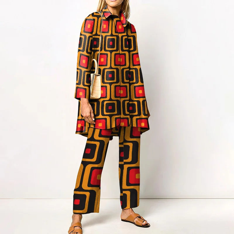 Women's Two-Piece Vintage Print Pantsuit Set | Elegant Blouse and Pants with Elastic Waist for Casual and Special Occasions