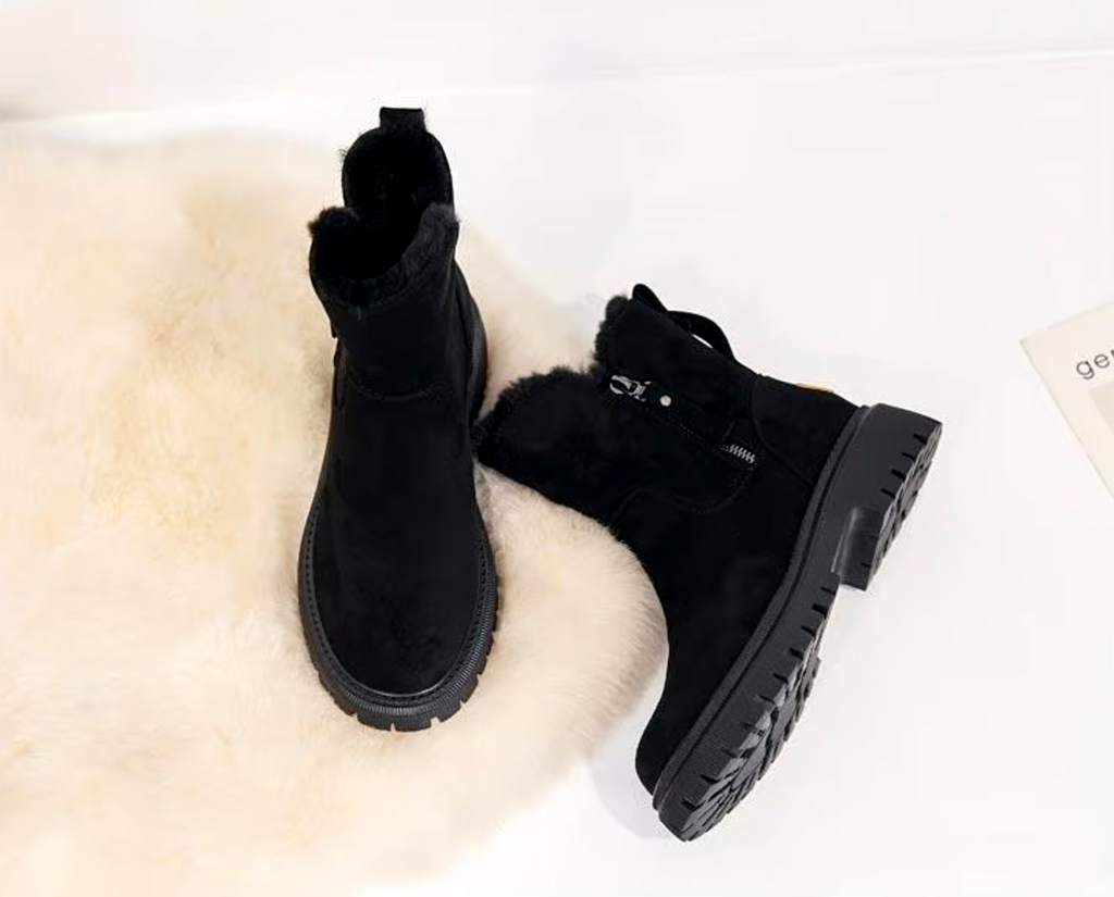 schwarze stiefeletten damen mit fellfutter und chunky sohle