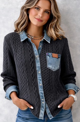 Stylish knit shirt with denim details