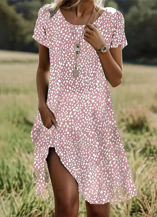 Damen Midi-Kleid mit Blumenmuster | Lockeres Kurzarm Sommerkleid für den Alltag | Bequemes Freizeitkleid mit Rundhals