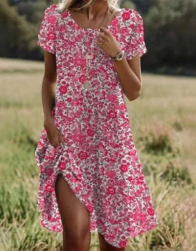Damen Midi-Kleid mit Blumenmuster | Lockeres Kurzarm Sommerkleid für den Alltag | Bequemes Freizeitkleid mit Rundhals