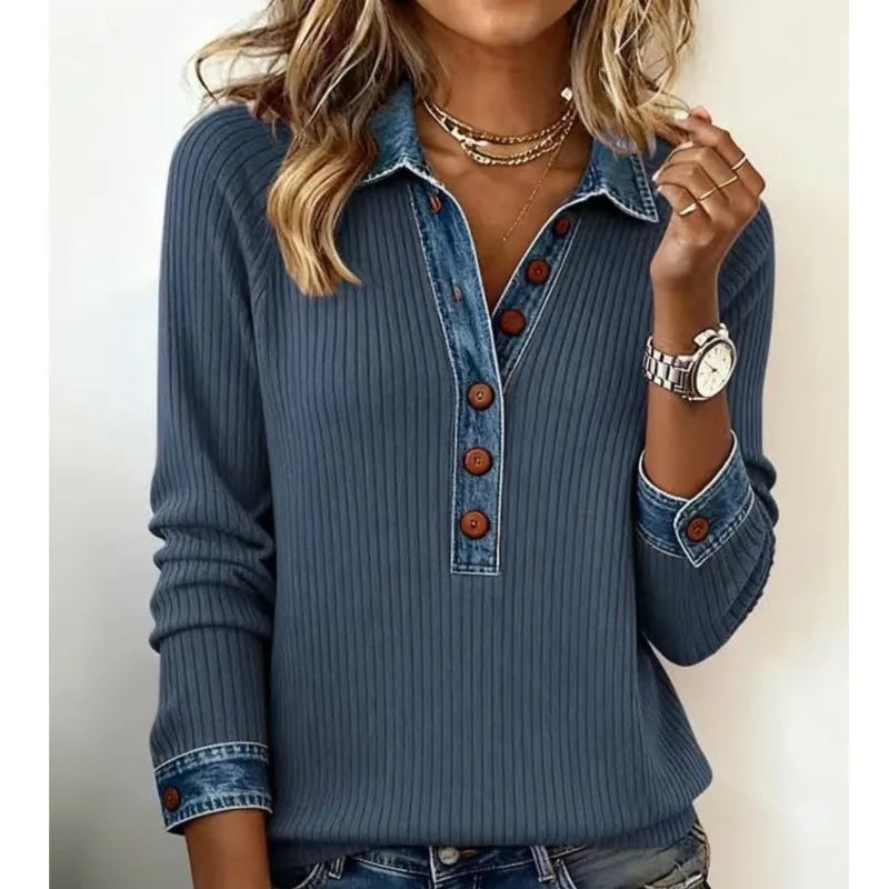 Knitted Sweater for Women with Denim Patchwork and Collar