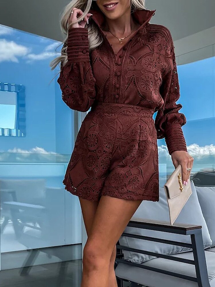 Women's Lace Set Two-Piece | Elegant Long-Sleeve Blouse & High-Waist Shorts | Airy Boho Co-ord Set for Summer & Vacation