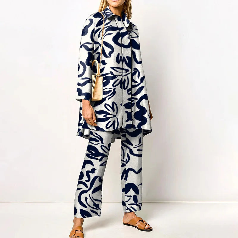 Women's Two-Piece Vintage Print Pantsuit Set | Elegant Blouse and Pants with Elastic Waist for Casual and Special Occasions