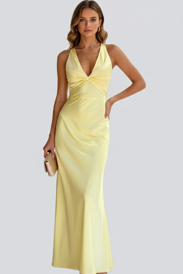Ärmelloses Damen Maxikleid mit tiefem V-Ausschnitt und taillierter Passform – Bodenlanges Kleid mit ausgestelltem Saum