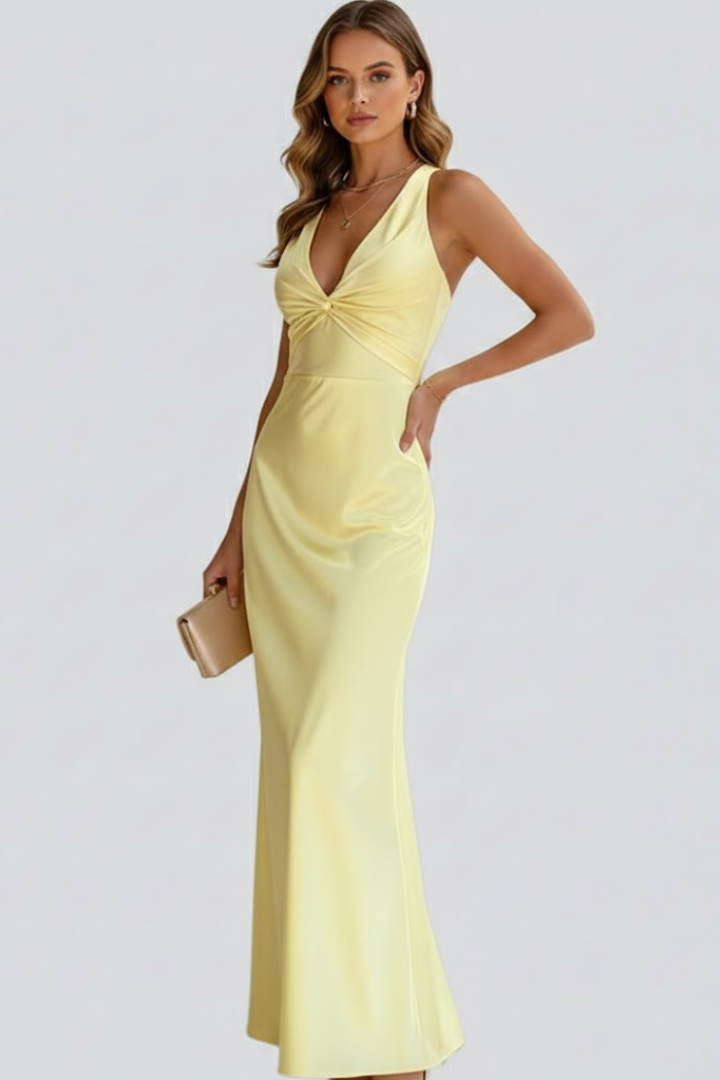 Ärmelloses Damen Maxikleid mit tiefem V-Ausschnitt und taillierter Passform – Bodenlanges Kleid mit ausgestelltem Saum